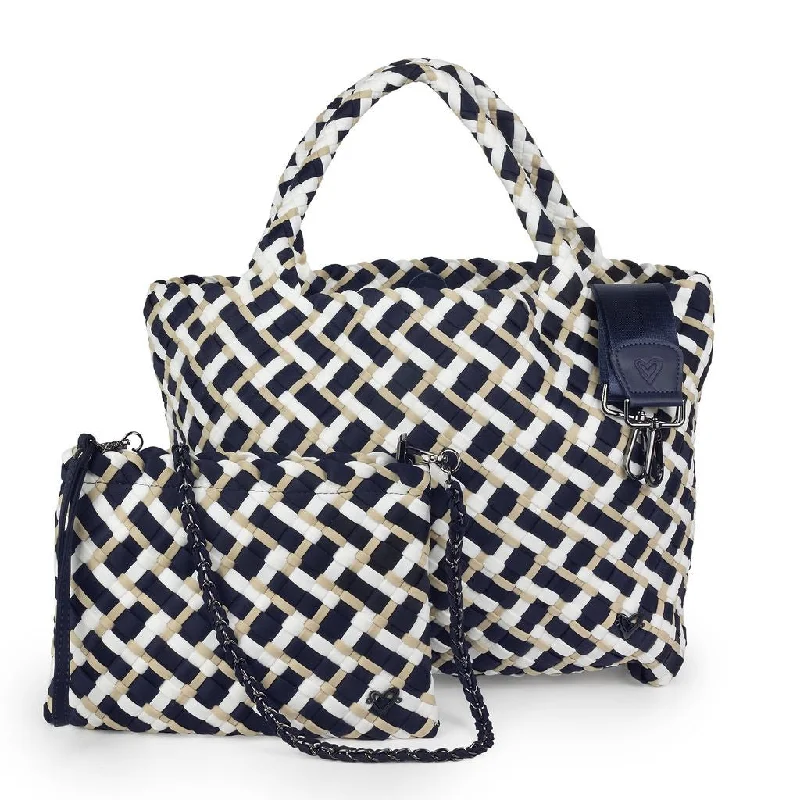 Break Fashion Norms London Large Woven Tote - Tri Mix Navy, Tan & White Stylish Bags At Unbeatable Prices