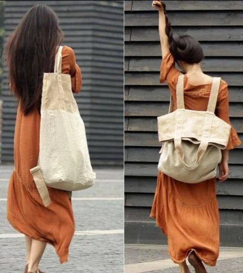 Beige White Patchwork Large Canbas-linen Backpack-shoulder Bag Everyday Elegance At Special Prices
