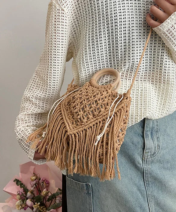 Bohemian Khaki Tassel Hollow Out Woven Crossbody Bag Timeless Bags, Flash Sale