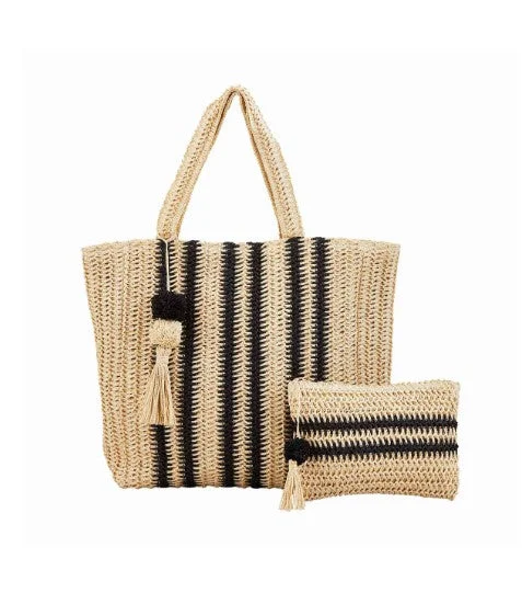 [Mud Pie] Straw Tote & Case Set-Black Timeless Bags, Flash Sale