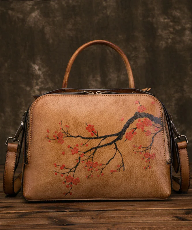 Organic Yellow Brown Floral Paitings Calf Leather Messenger Bag Timeless Bags, Flash Sale Organic Yellow Brown Floral Paitings Calf Leather Messenger Bag Timeless Bags, Flash Sale