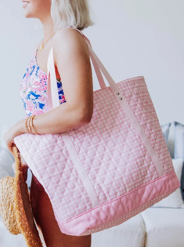 Quilted Tote - Flamingo Check Trendy Handbags At Limited-Time Discounts