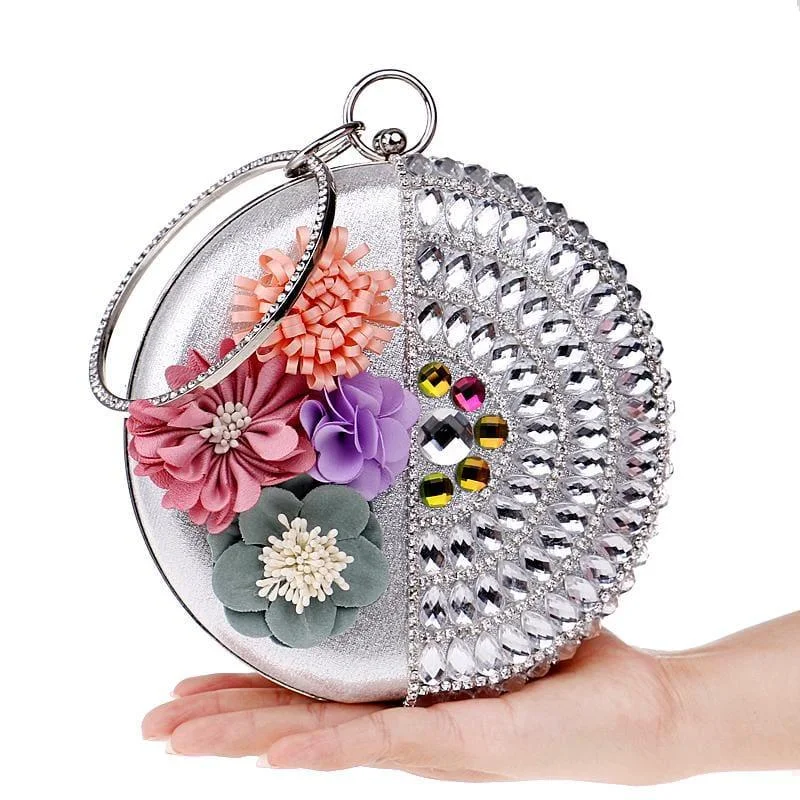 Round Women Rhinestones Beaded  Clutch Flower Diamonds Lady Evening Bag Classic Totes At Unbeatable Deals
