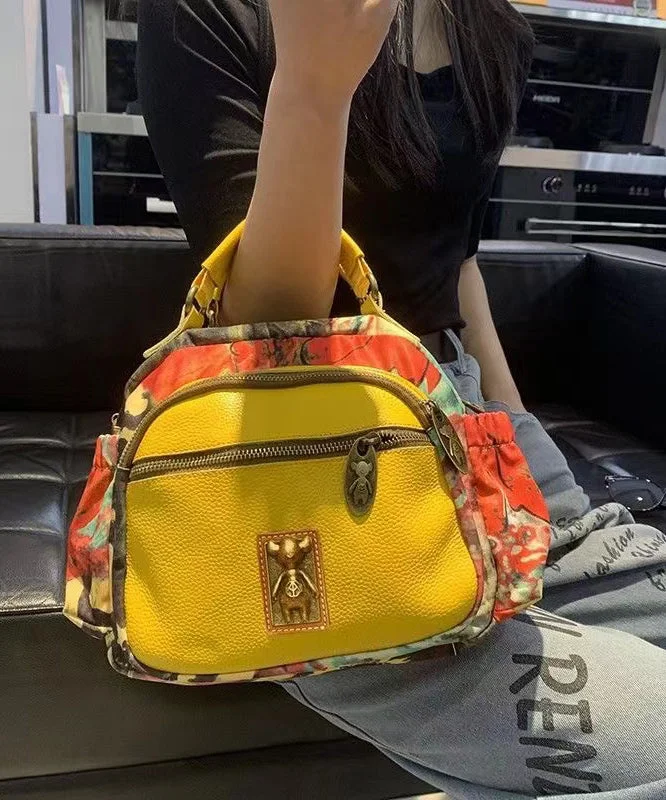 Women Yellow Print Cotton Patchwork Calf Leather Messenger Bag Designer Bags, Low Prices
