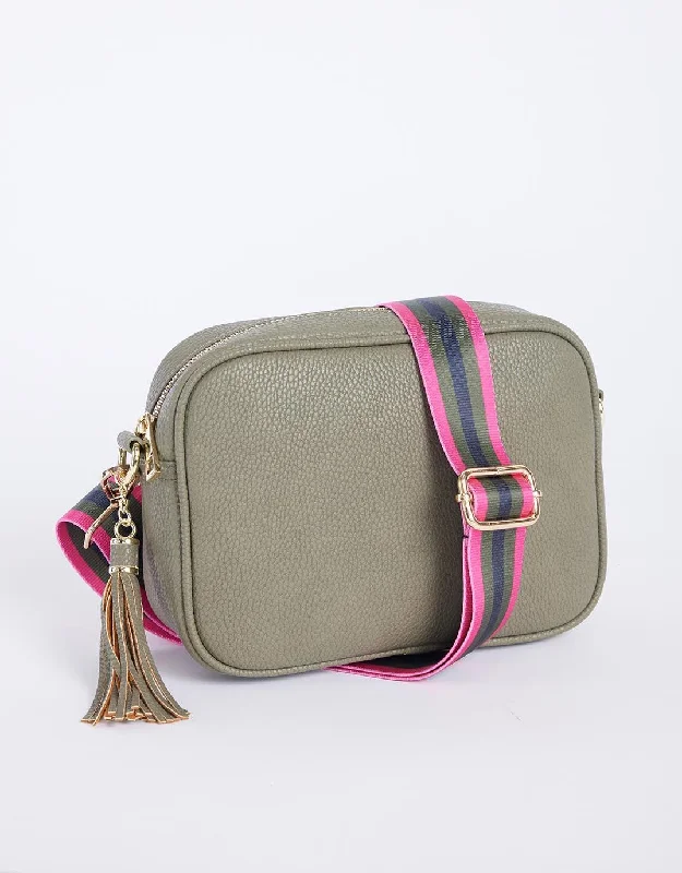 Zoe Crossbody Bag - Khaki with Khaki/Hot Pink Stripe Trendy Bags, Huge Savings